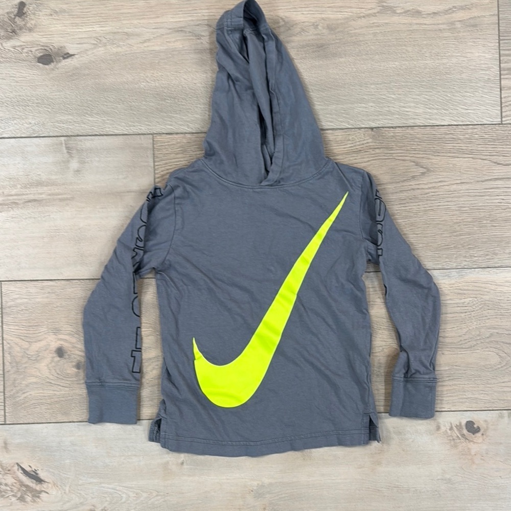 Nike Gray Tshirt Hoodie with Neon Yellow Logo Swoosh Youth Boys